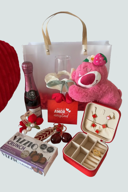 Bolsa de regalo amor premium con vino espumante y peluche Florita Bonita