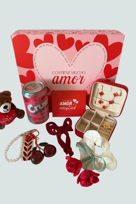 Box Día del Amor con accesorios románticos y bebida Florita Bonita