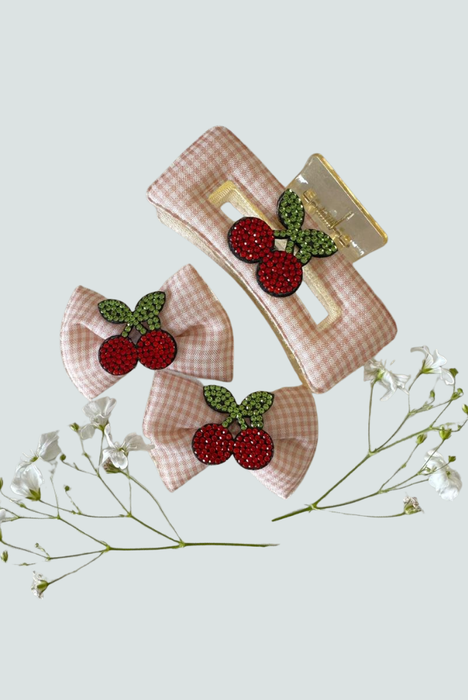 Pinza para el cabello con diseño de cerezas y lazo melon - Florita Bonita